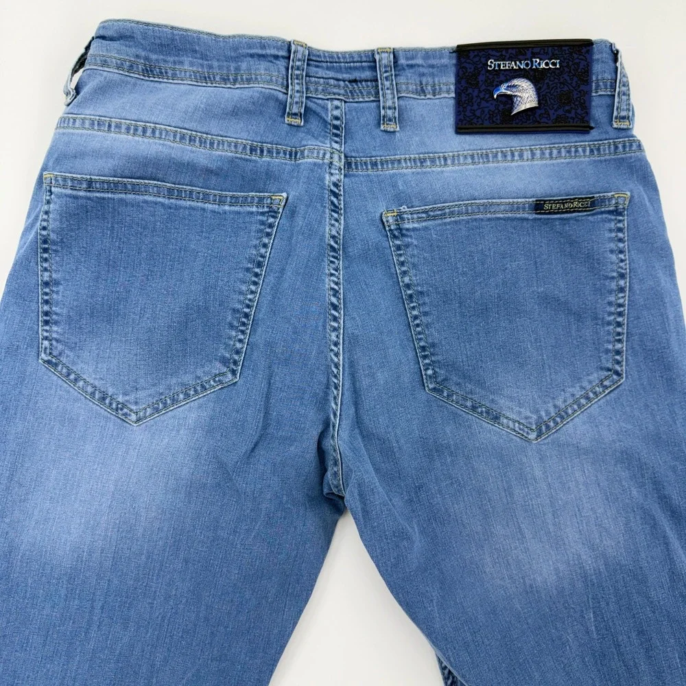Stefano Ricci Mens Slim Straight Leg Jeans Light Wash Blue Luxury Denim 30x31